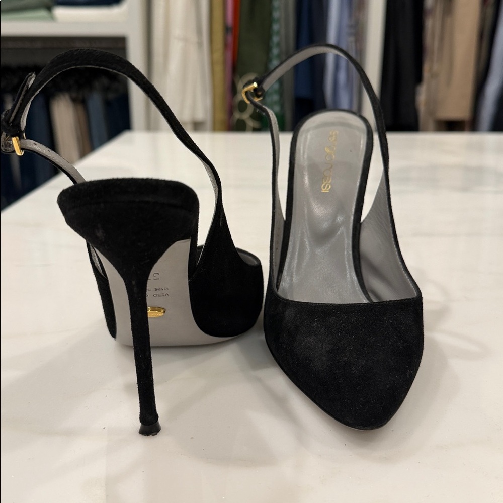 Sergio Rossi Black Suede Pointed Slingback Heels